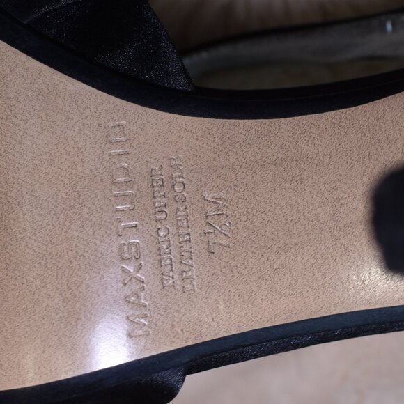 Max Studio Black Satin Slingback Heels 7.5 Floral Peep Toe Stiletto Slip On - Picture 13 of 14